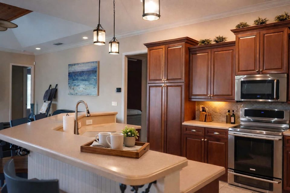 Modern kitchen with stainless steel appliances and warm wood cabinetry