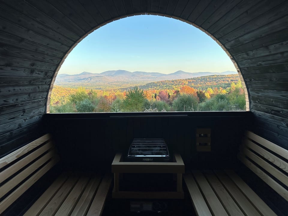 Private outdoor sauna with panoramic High Peaks views