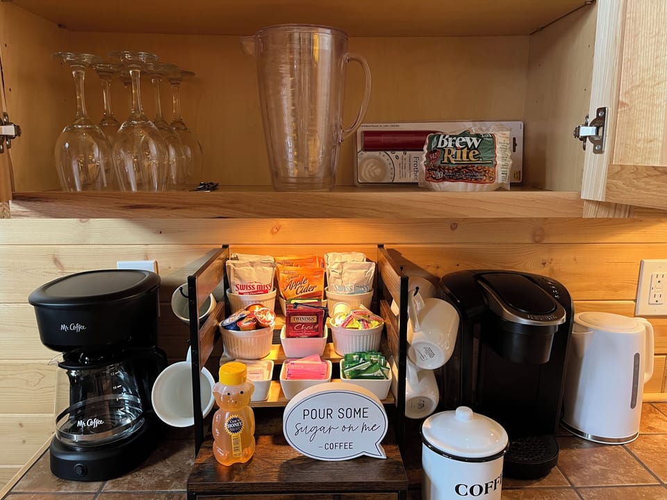 Coffee, Tea, and Hot cocoa bar, wine glasses, pitcher 