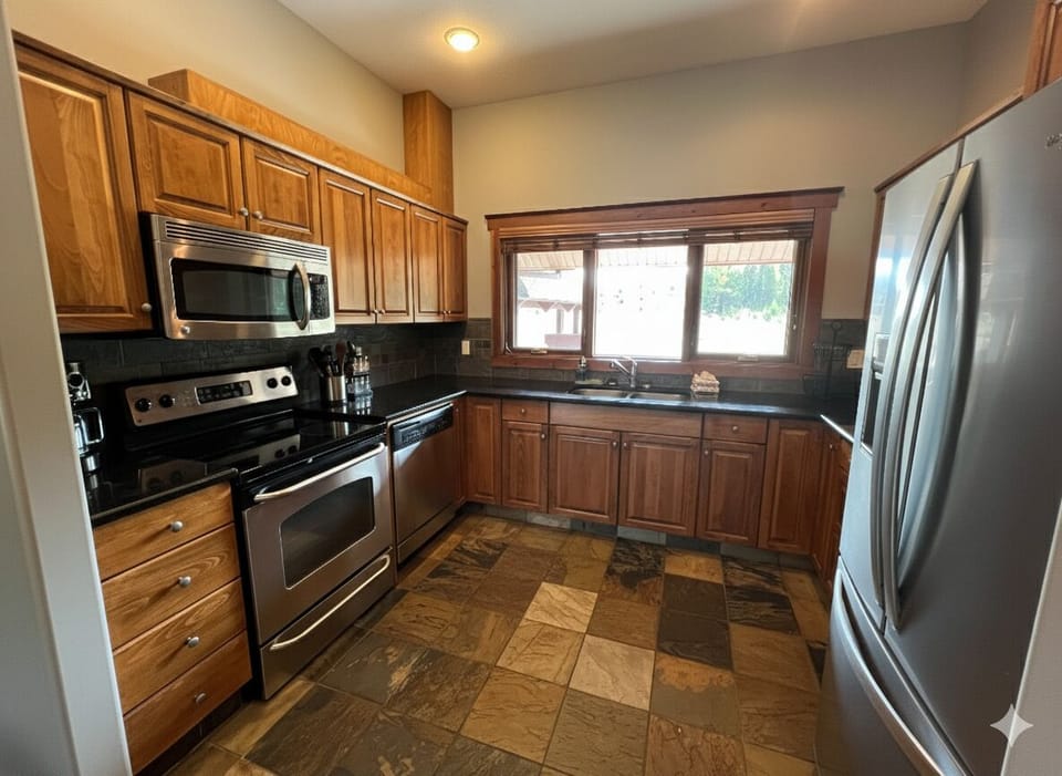 A full kitchen with modern appliances, stocked with everything you'll need to feed the crew. Full laundry.