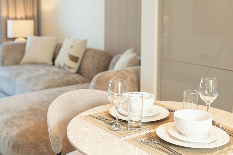 Design Apartment, Balcony, City View | In-room dining
