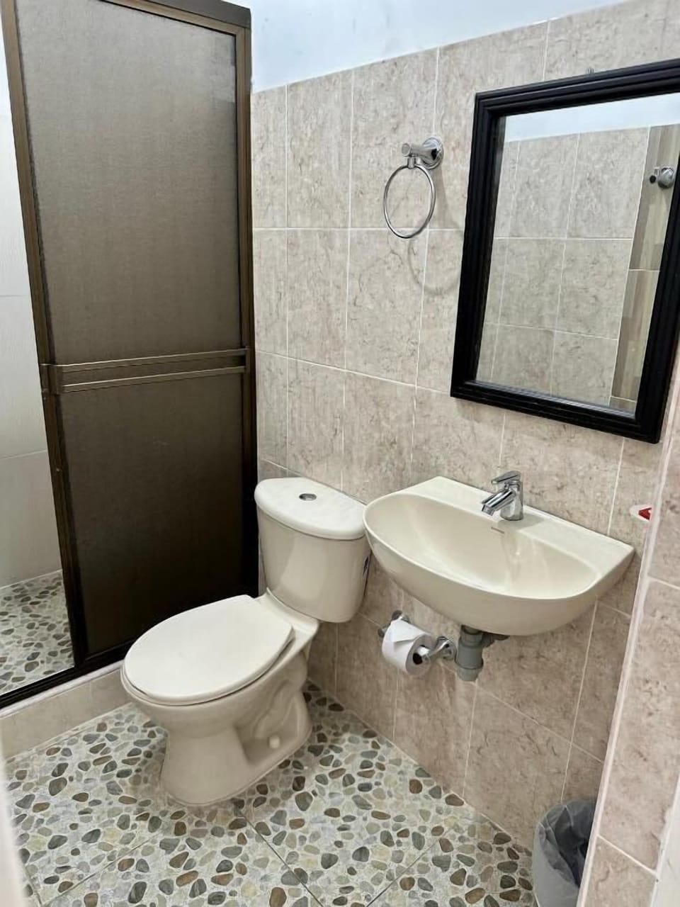 Shower, towels, toilet paper