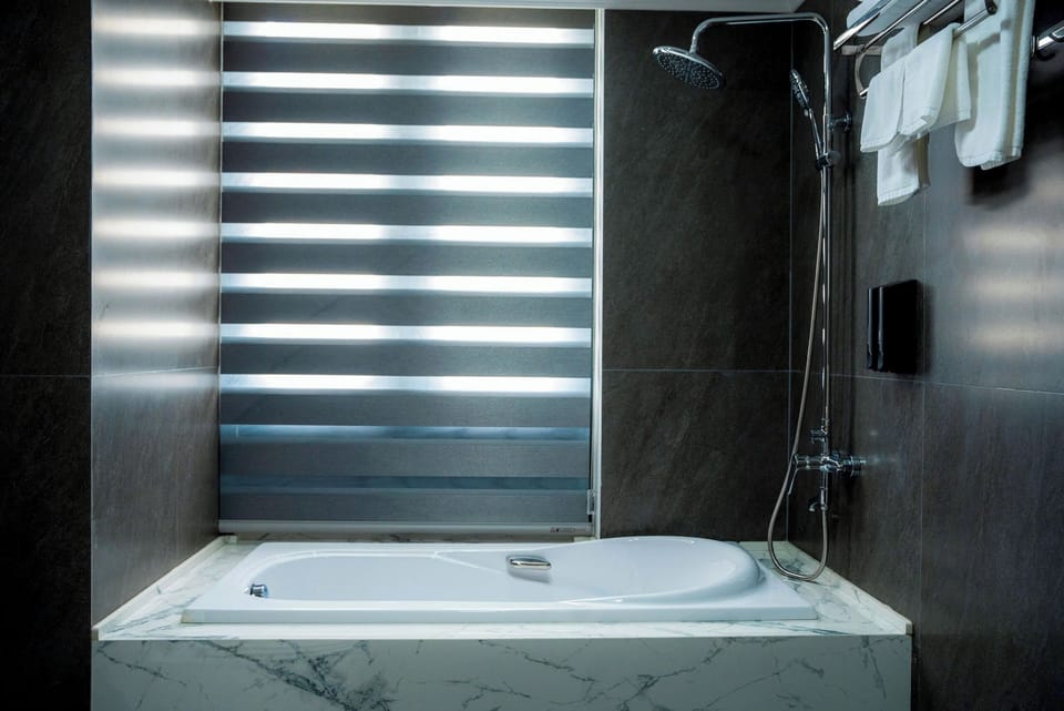 Shower, free toiletries, hair dryer, towels