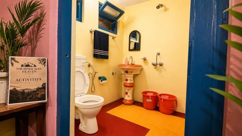 Shower, slippers, towels, soap