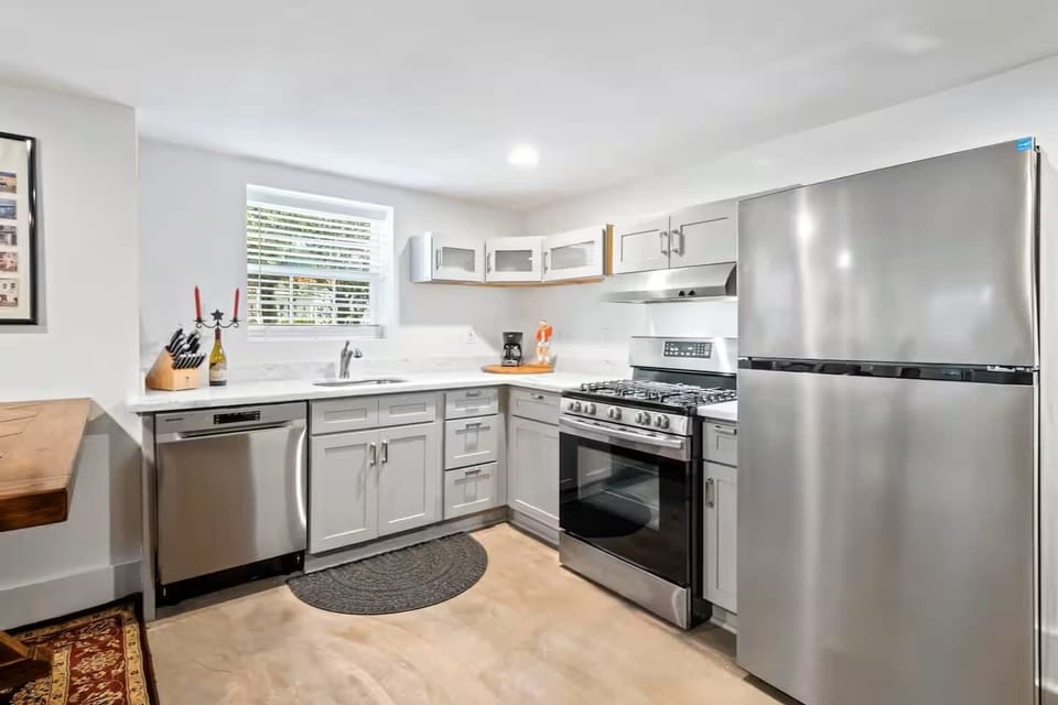 Fully equipped kitchen with stainless-steel appliances, coffee maker, and everything you’ll need for a home-cooked meal.