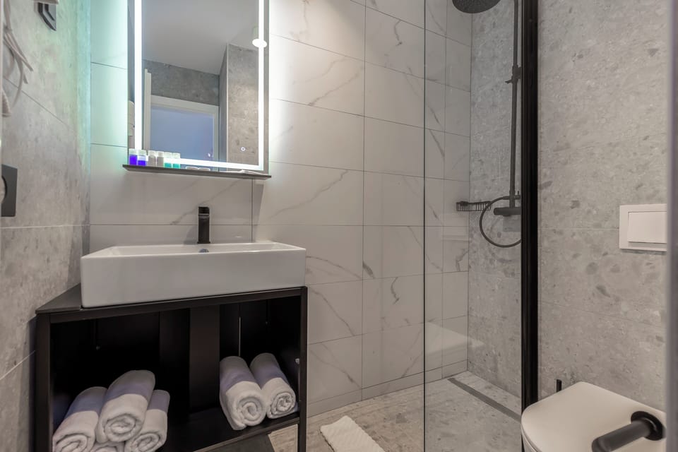 Hair dryer, towels, soap, toilet paper