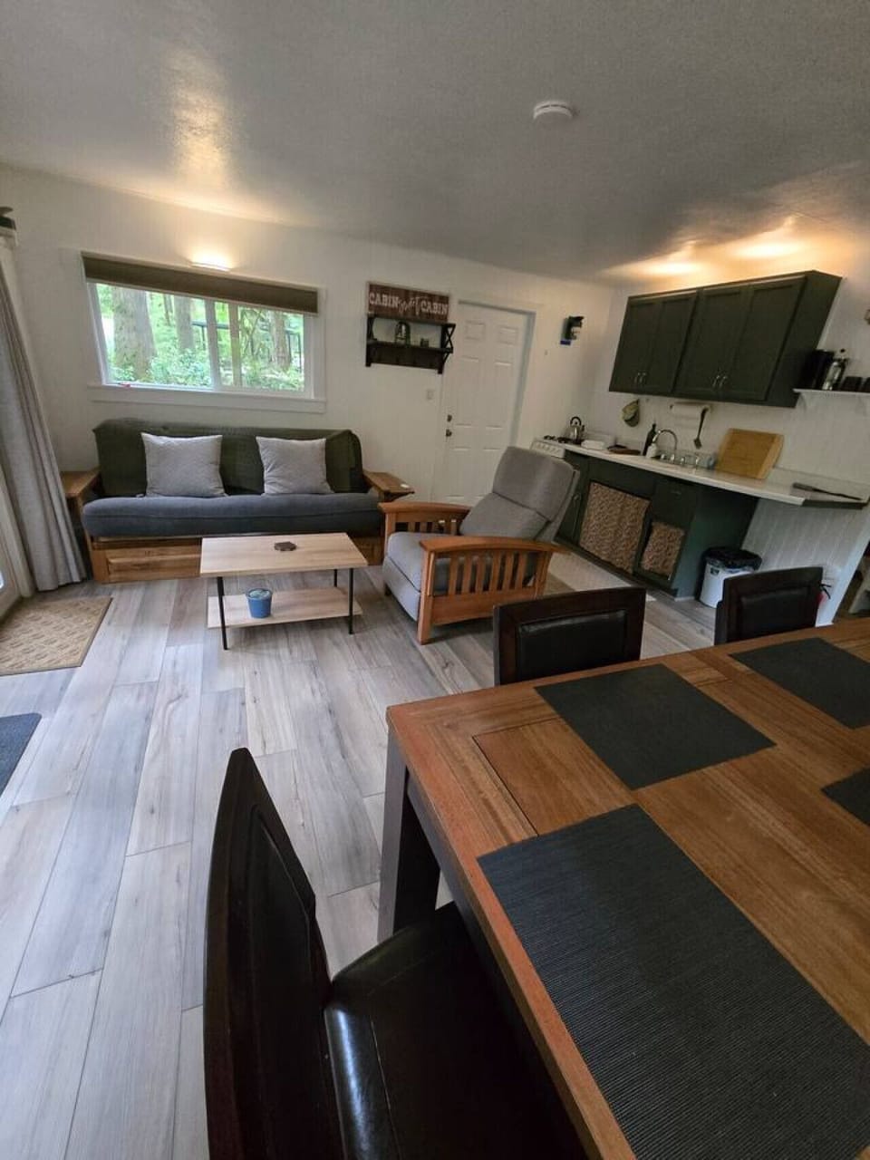 The cozy living room, a key part of the open floor plan, features a pull-out couch near the window. This comfortable couch offers a lovely view of the beautiful, towering trees and mossy hills outside, and can also be converted into an extra bed for guest