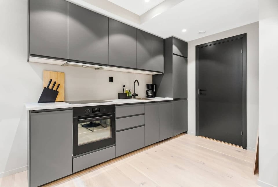 Sleek grey kitchen with oven, hob and coffee maker