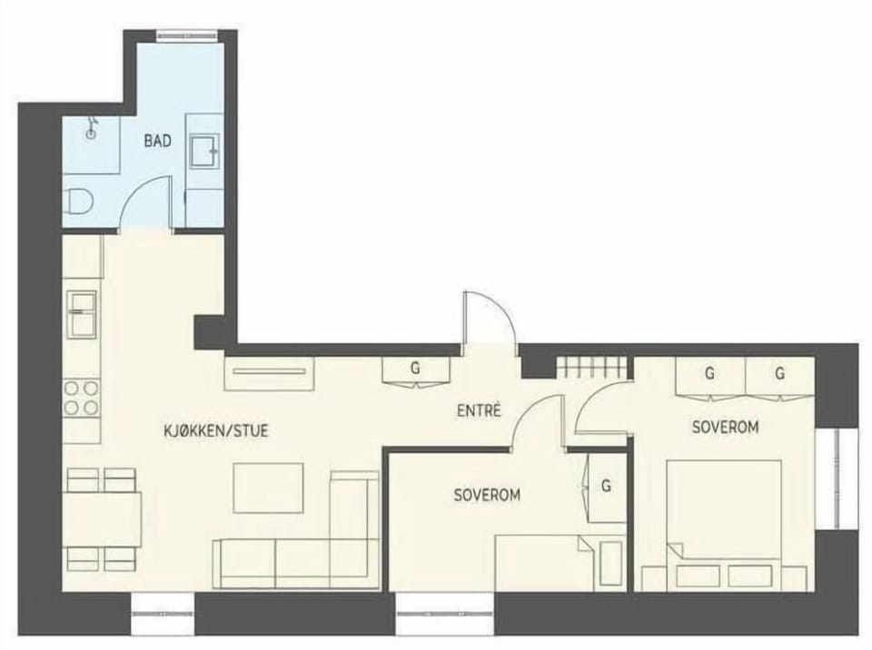 Floor plan - two bedrooms, one bathroom, open kitchen/living