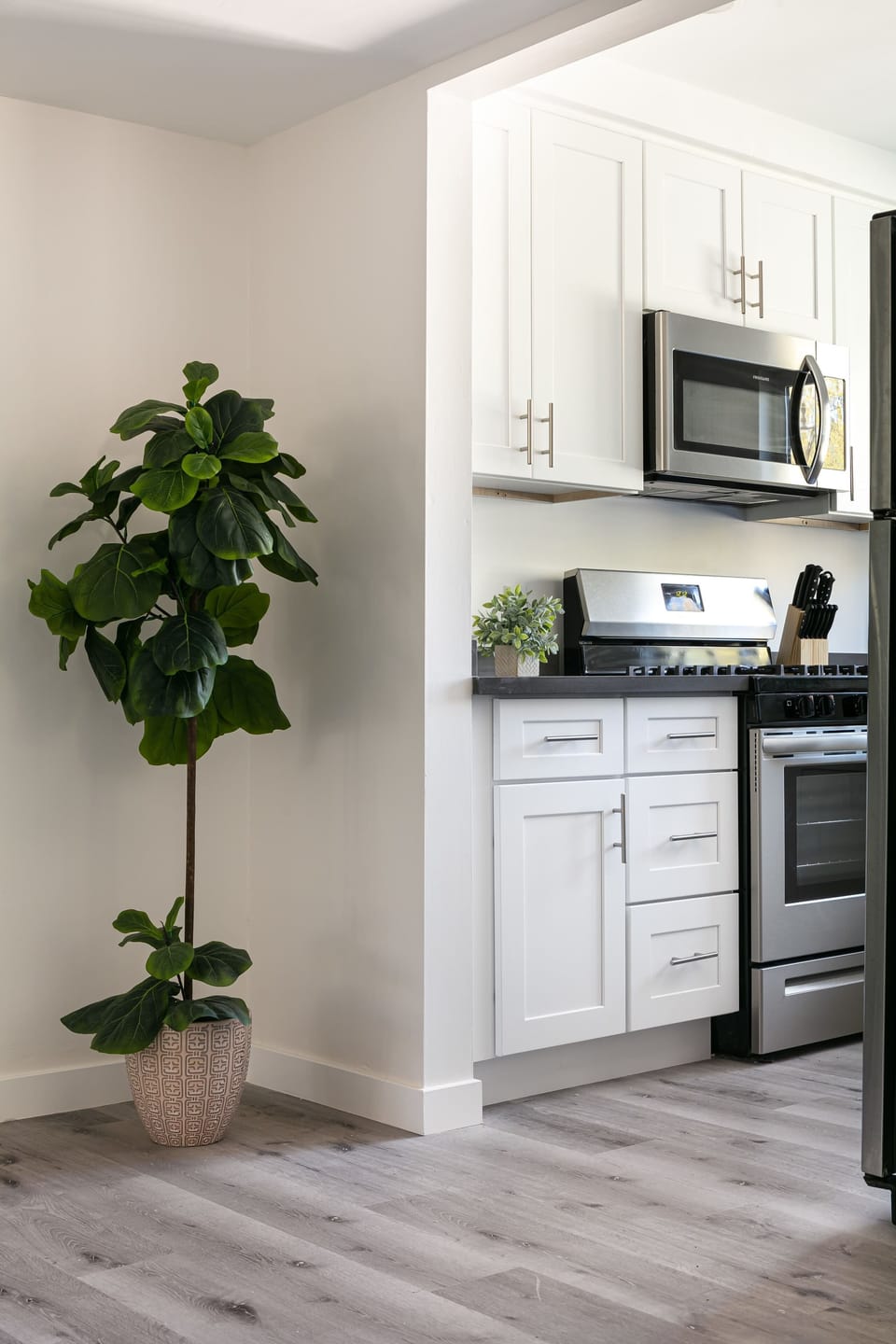 Compact hallway leading to kitchen area