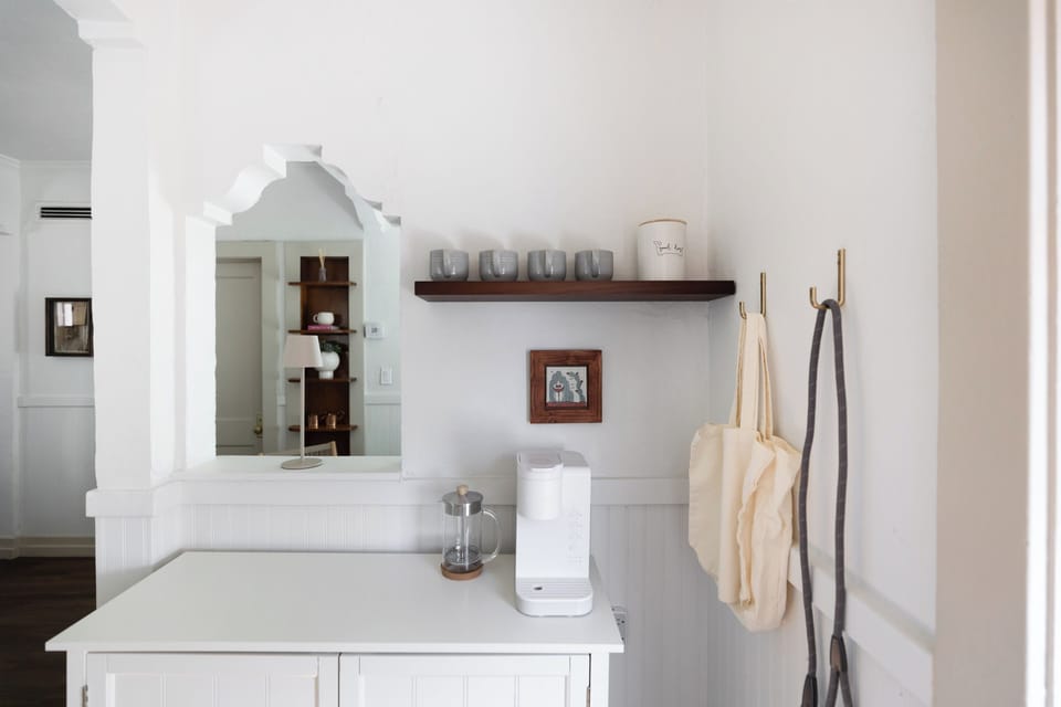 The coffee corner offers a starter supply of coffee pods, teas, and sweeteners.