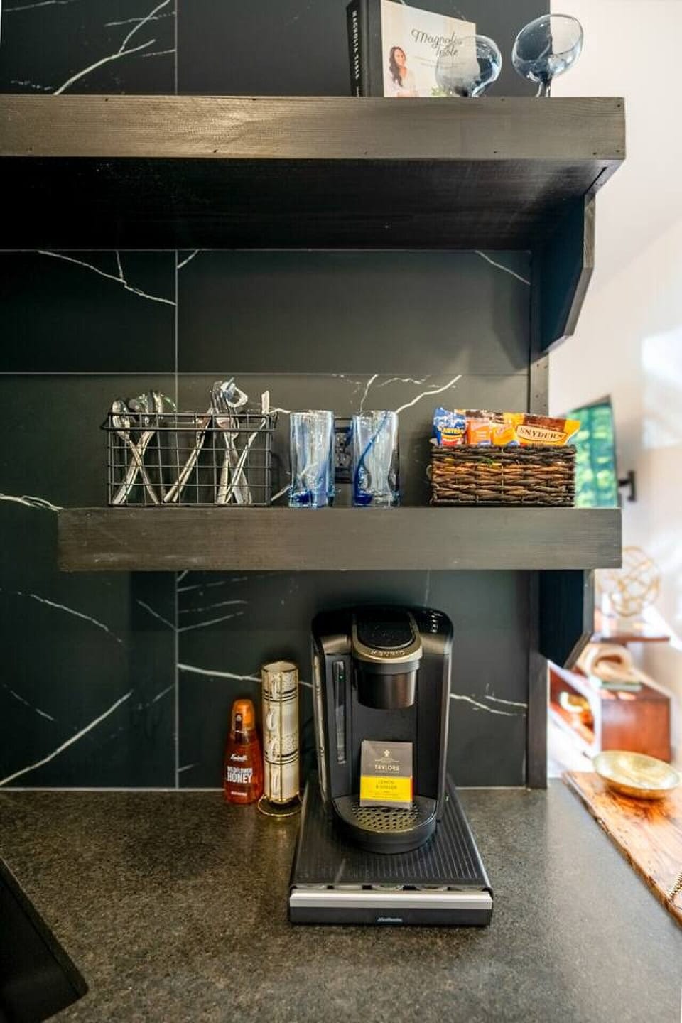 Convenient coffee and drink station with essentials for your stay.
