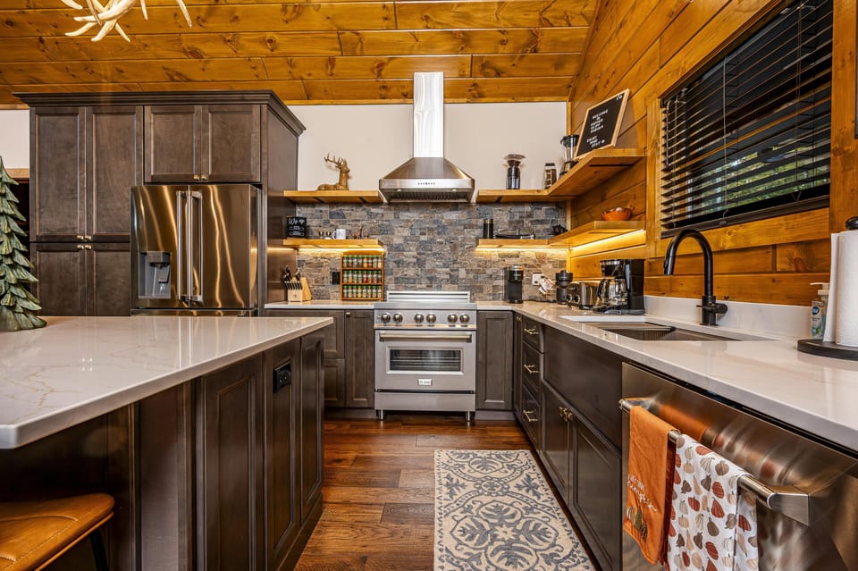 Rustic kitchen with modern appliances and cozy wood accents