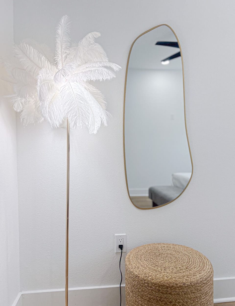 Close up of full length mirror and feather lamp