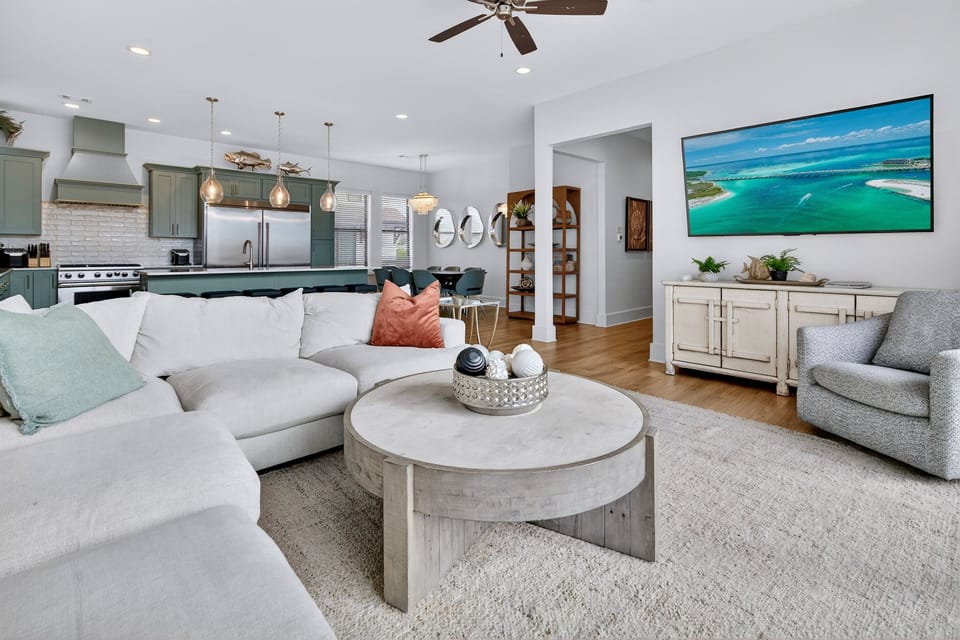 2nd Floor - Spacious living and great room with stunning OCEAN VIEWS, designed for gathering and relaxation. Open-concept layout, comfortable seating, and natural light make this luxury space perfect for families and large groups.