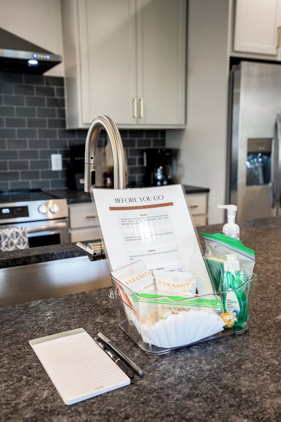 Enjoy a thoughtful welcome basket with coffee, chocolates, dishwasher pods, and helpful guide.