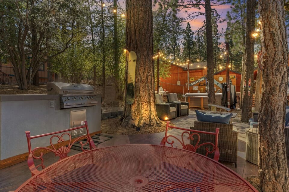Outdoor lounge w/ fire pit, Adirondack chairs & forest views all around.