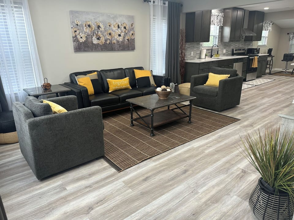 Large, open concept living area and kitchen.