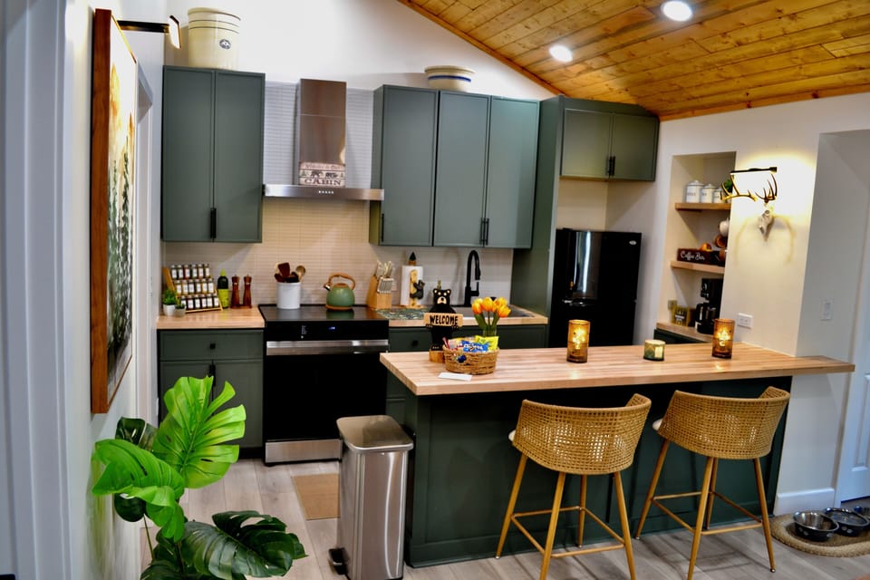 Fully stocked kitchen with butcher block counters