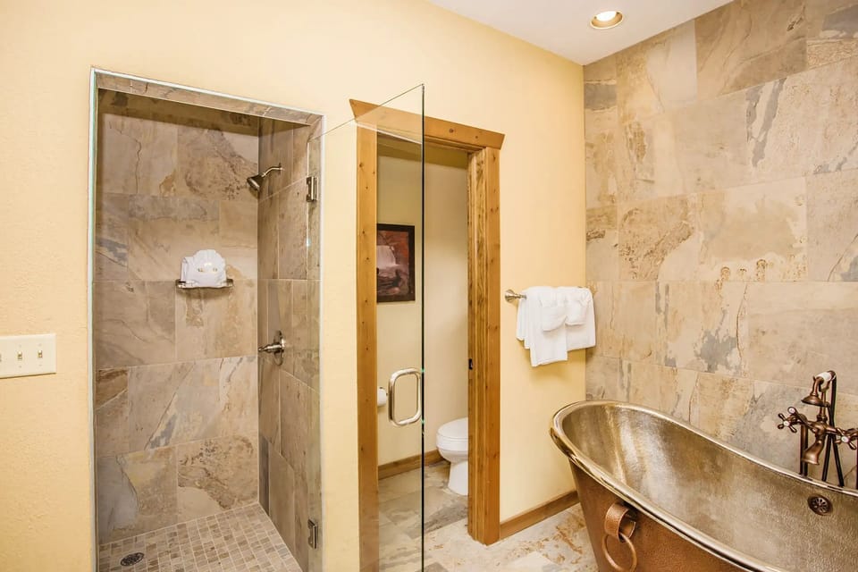 Bathroom with large walk-in shower, soaking tub, and modern tile finishes.