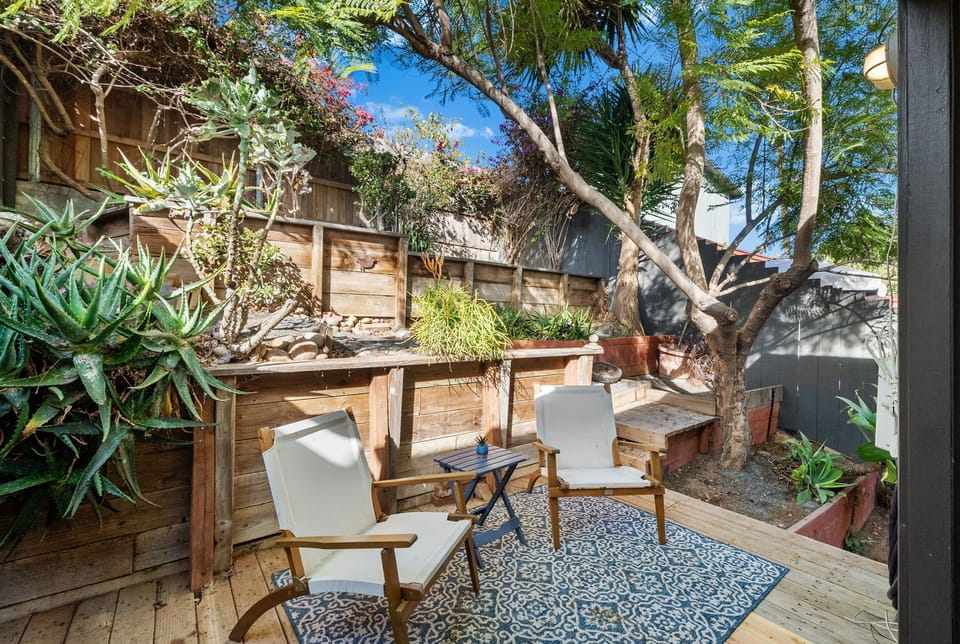 Cute yard area with trees and plants.