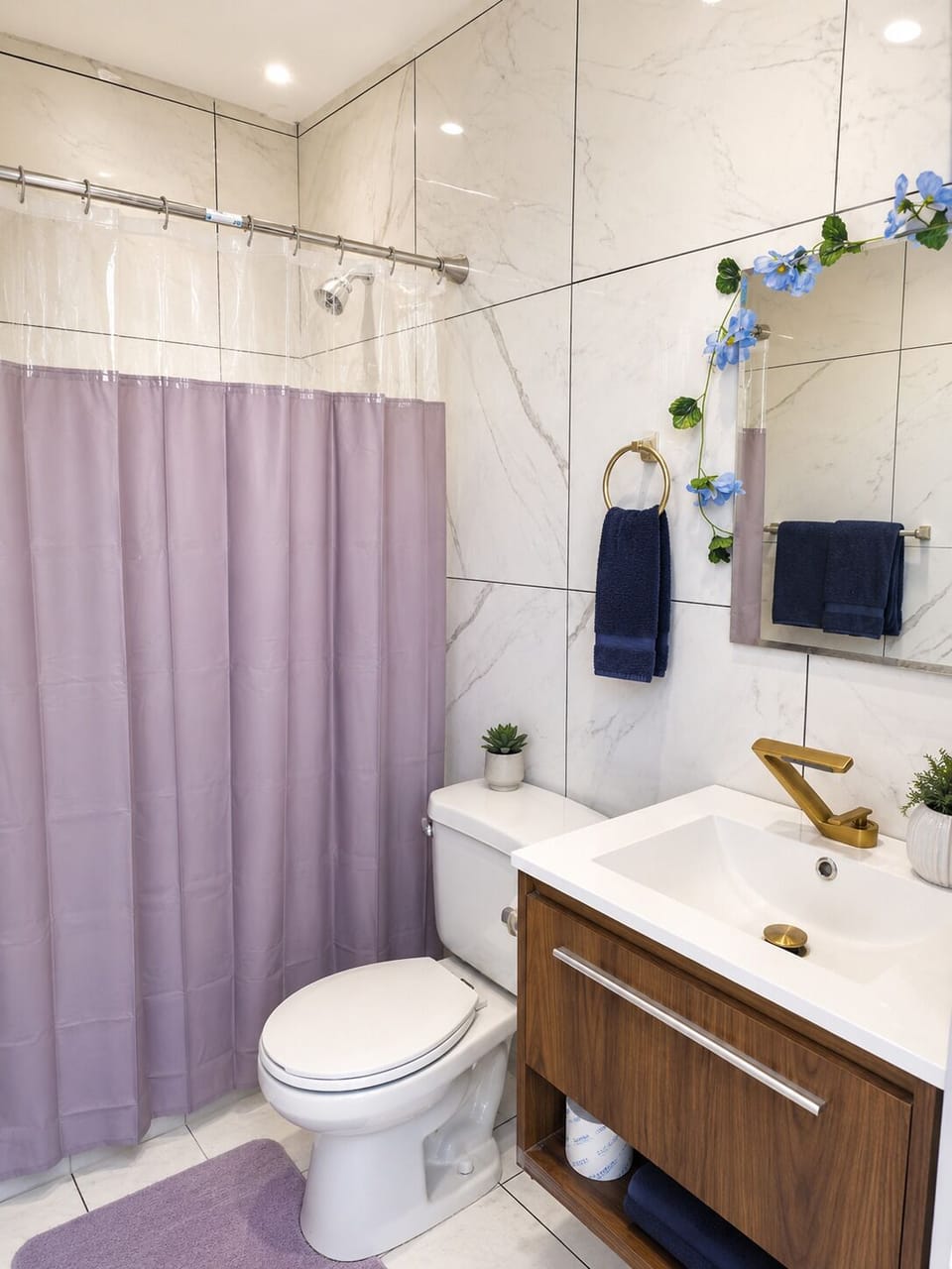 Separate tub and shower, soap, shampoo, toilet paper