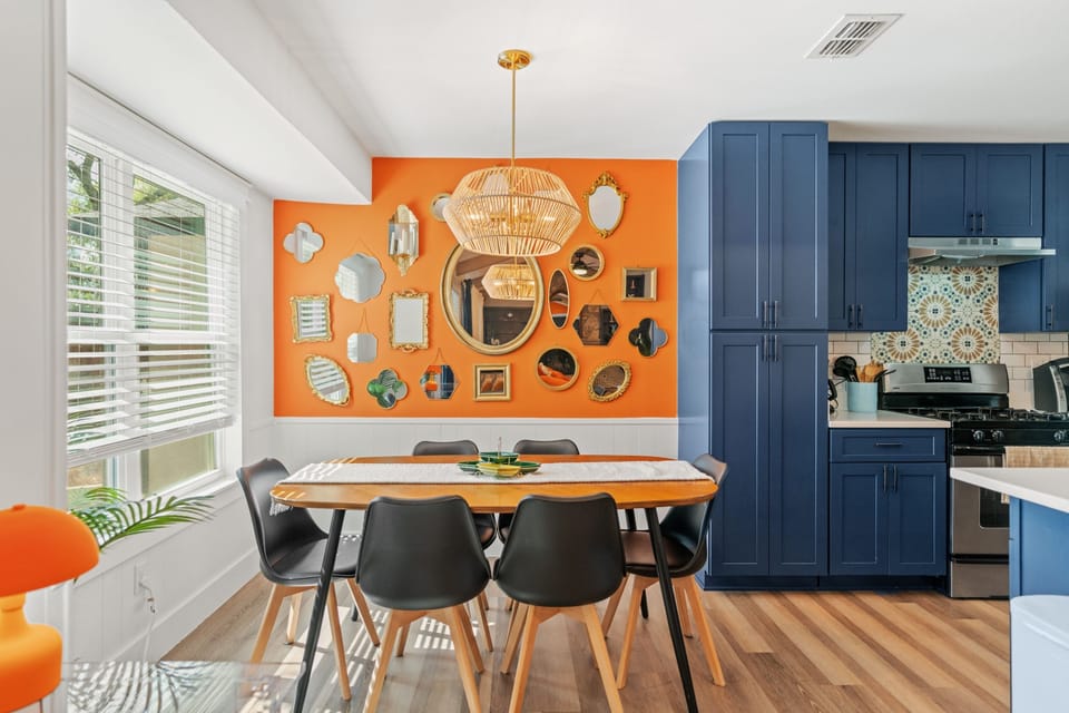 Gather around this cheerful dining table for family meals or morning coffee before exploring South Austin favorites like Radio Coffee & Beer or catching the sunset at Circle C Metropolitan Park.