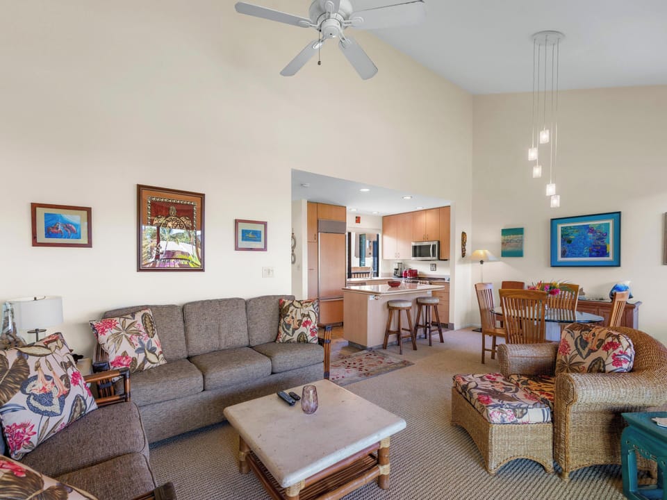 A clean, welcoming 1,000-square-foot environment enhanced by beautiful art throughout the condo.