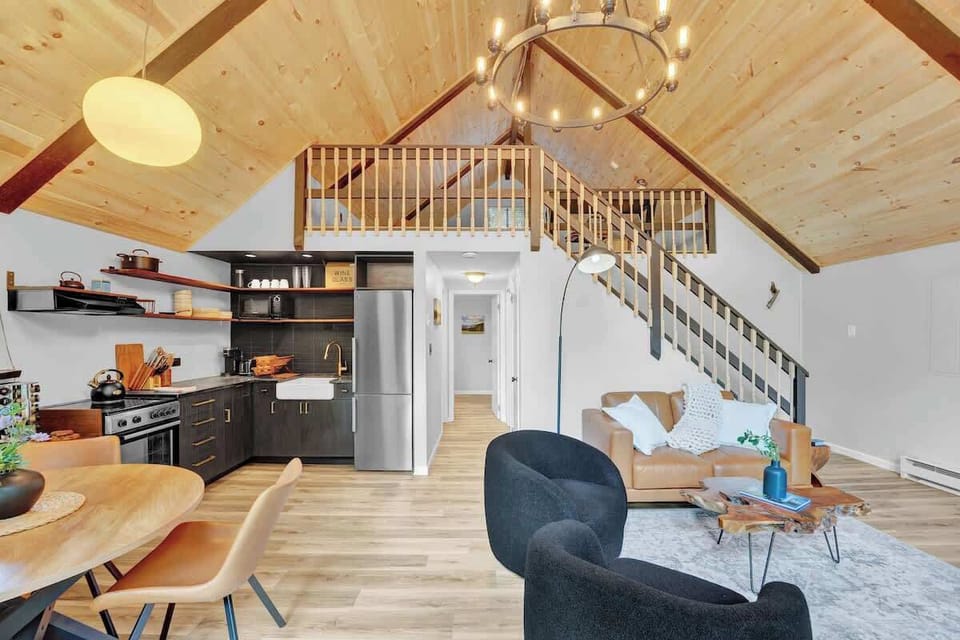 Spacious A-Frame Interior with Dining Area and Loft