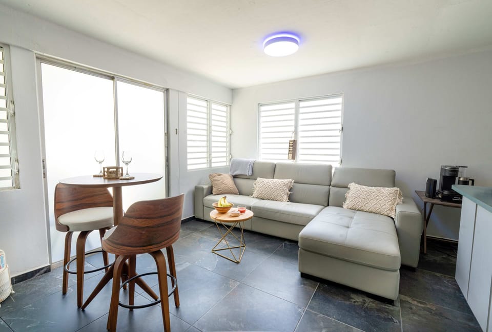 A sun-filled living room with a modern sofa and a easygoing coastal feel.