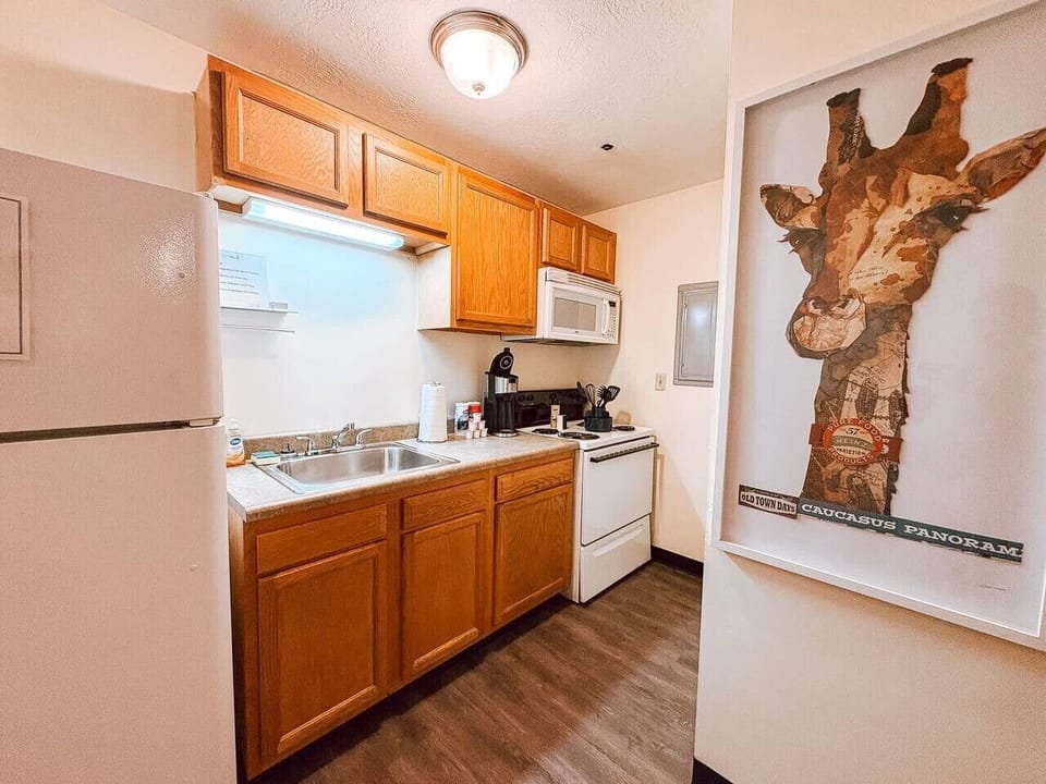Modern kitchen w/ full-size appliances, cookware, & plenty of counter space.