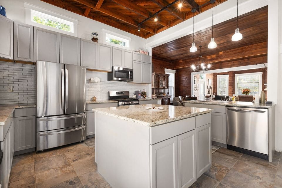 Stainless elegance, unique modern finishes and all you need to cook for a large group is provided!