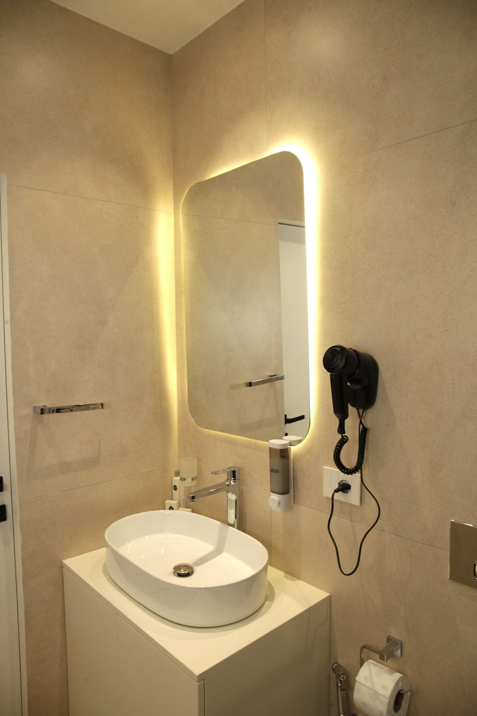 Hair dryer, slippers, towels, soap