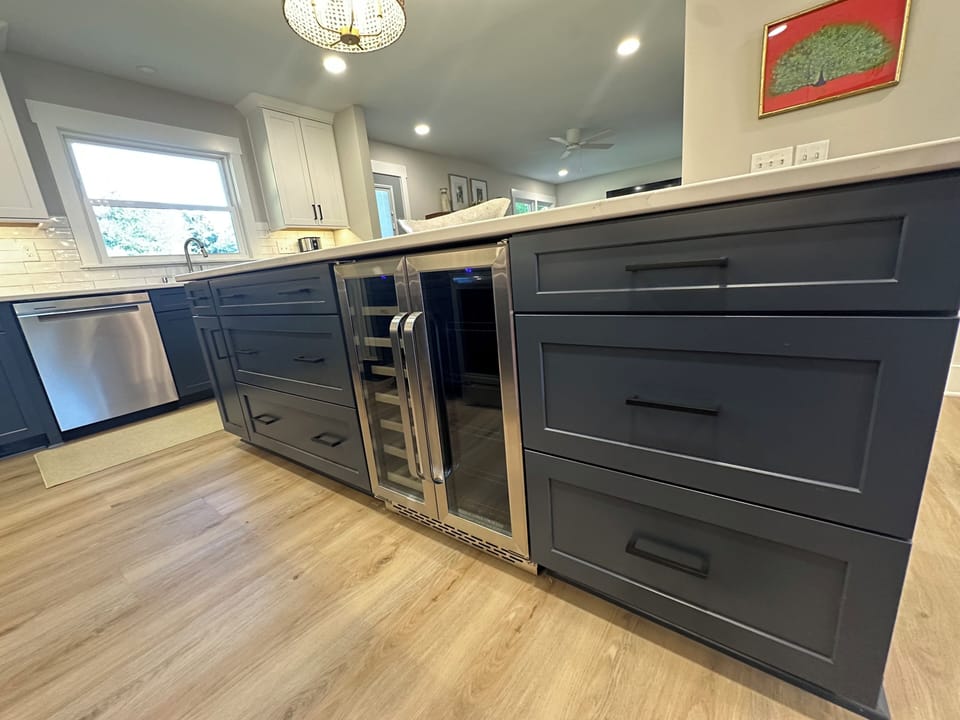 Beverage and wine fridge located in the kitchen island. 