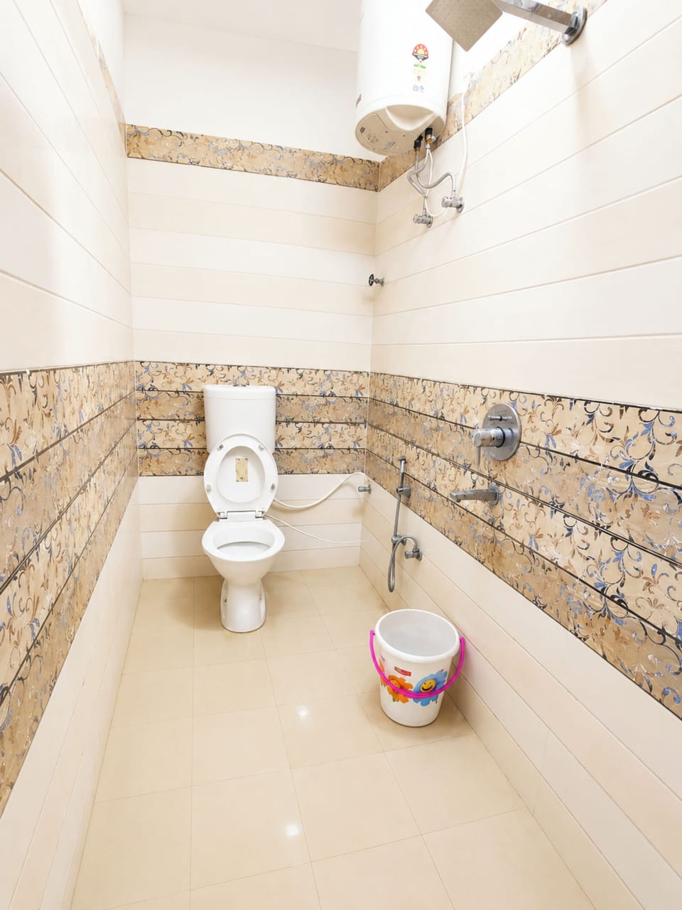 Shower, rainfall showerhead, slippers, towels