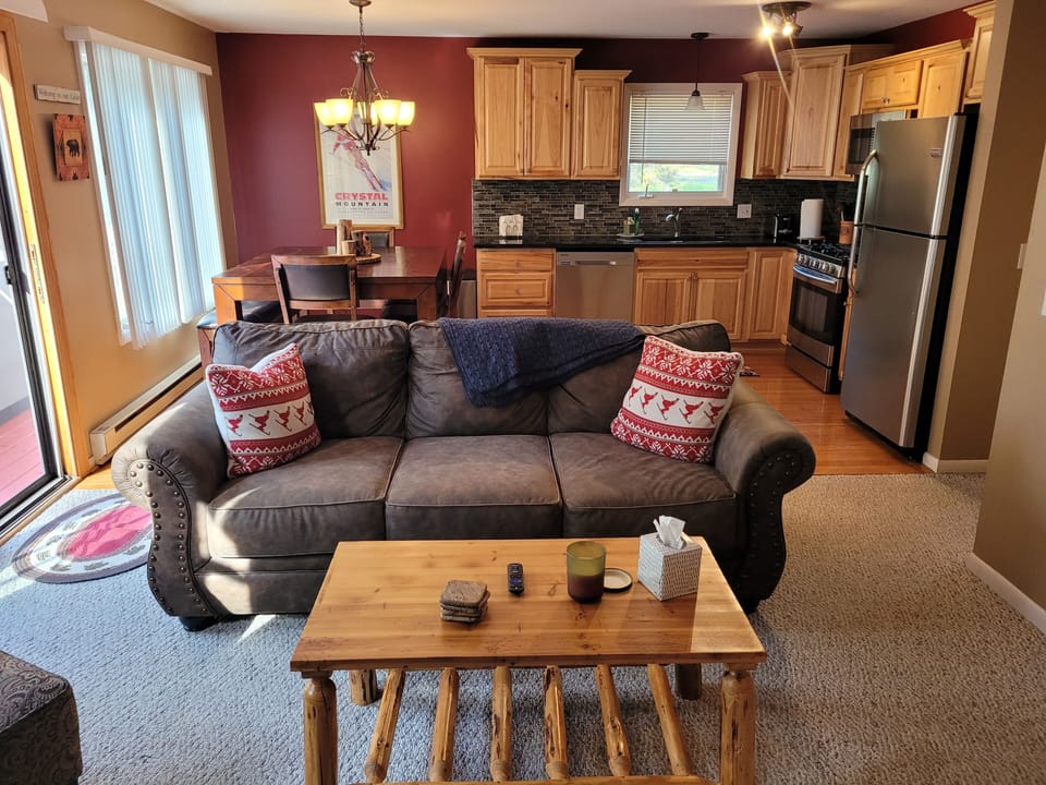 LIVING ROOM:  The sofa and coffee table in the living room.