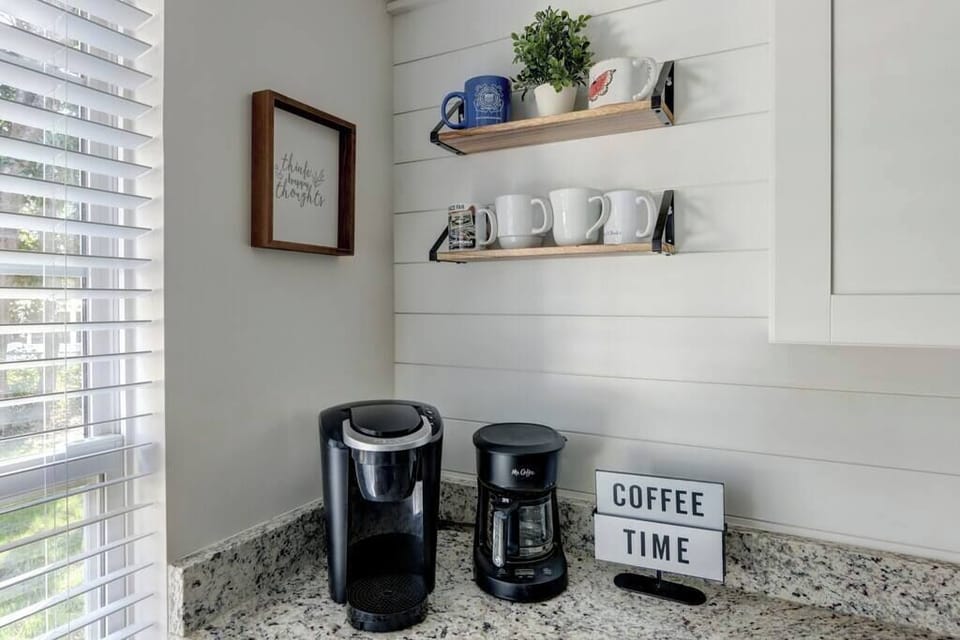 Coffee Time! Start your mornings off right with a cup of homemade coffee. Made simple and convenient with this cozy coffee corner. 