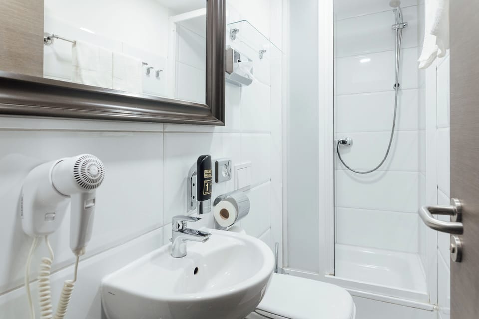 Shower, free toiletries, hair dryer, towels