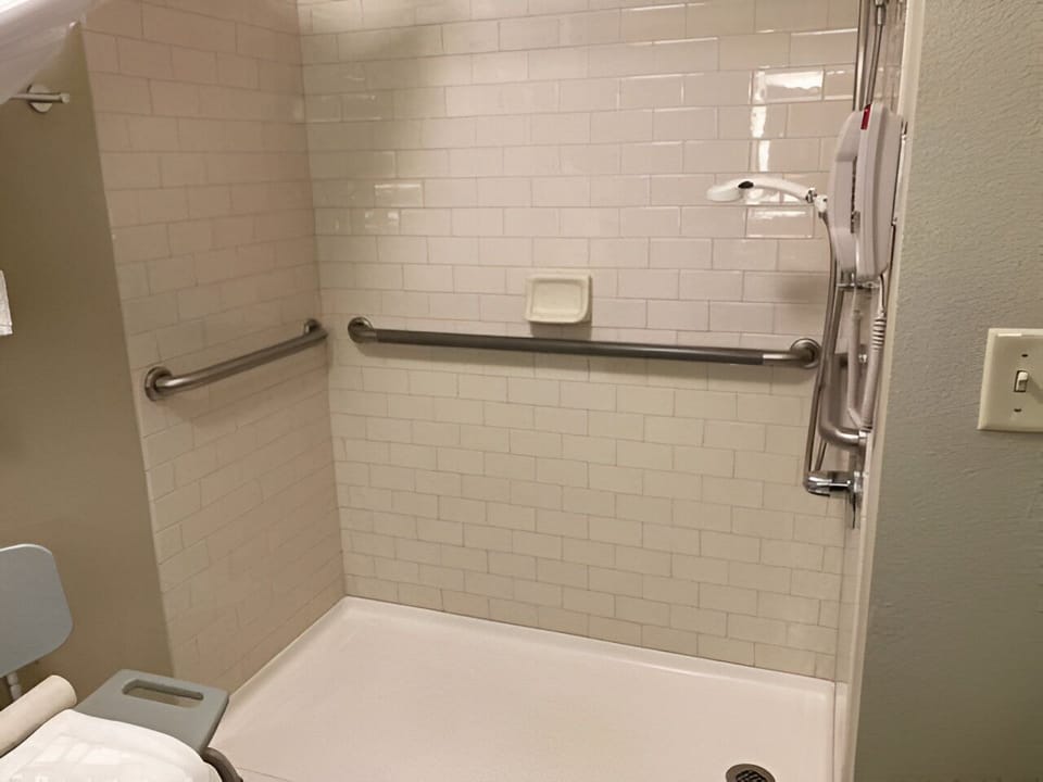 Clean lines and thoughtful enhancements make this roll-in shower a calming space for accessible self-care.