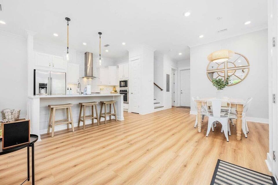 Kitchen and dining spaces