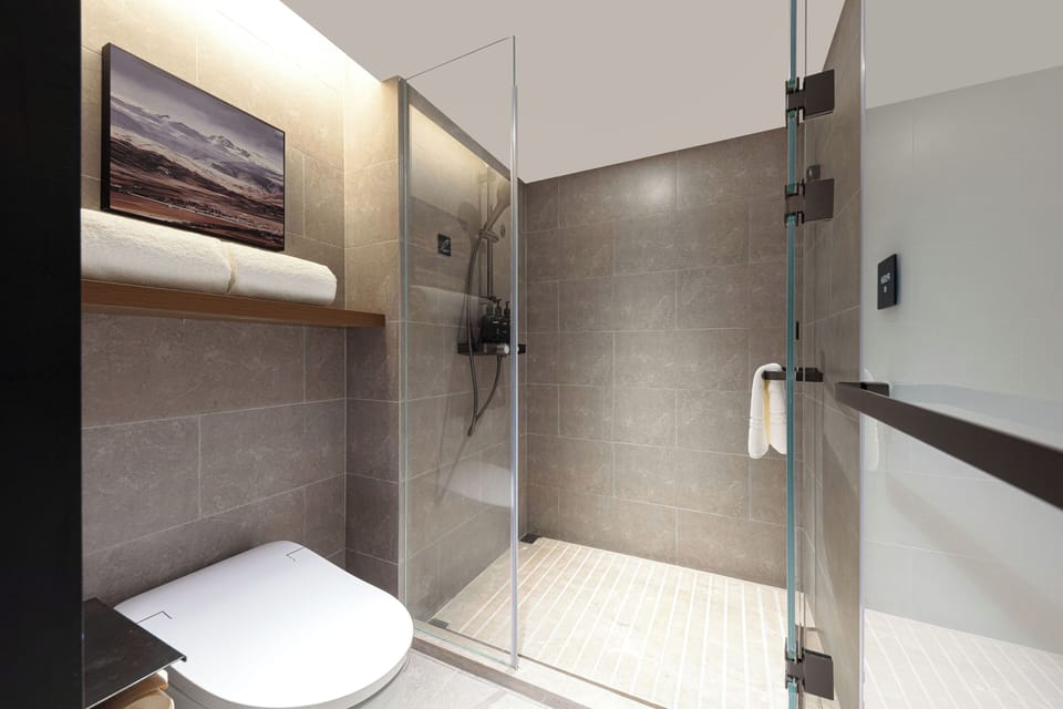 Shower, rainfall showerhead, free toiletries, hair dryer