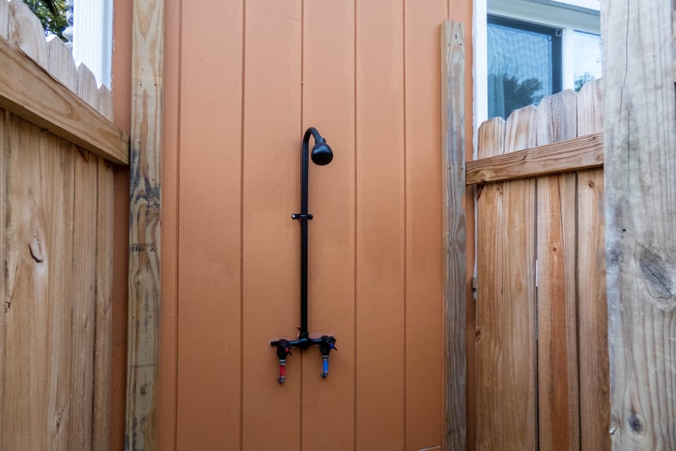 There is even an outdoor shower to get you pool ready.
