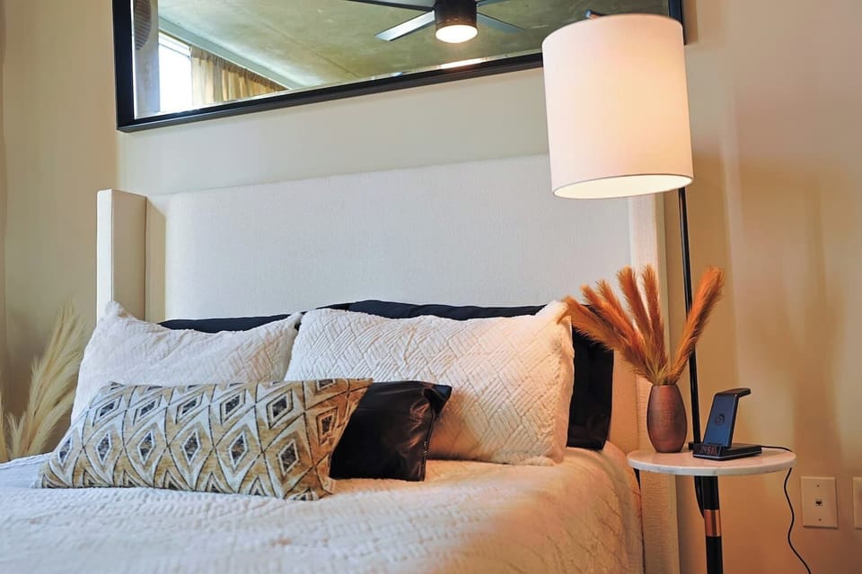 Minimalist style with cozy touches.