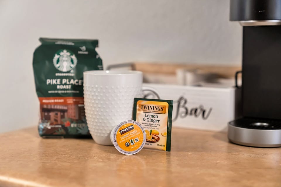 Coffee and tea essentials ready whenever you need a cozy moment.