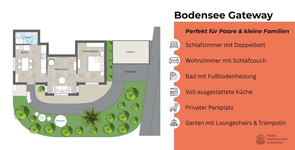 Clear floor plan of your holiday apartment with garden and terrace