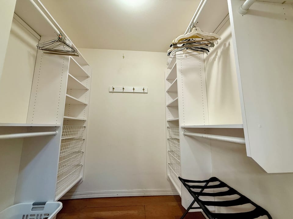 Large closet with plenty of room to store luggage and hang clothes