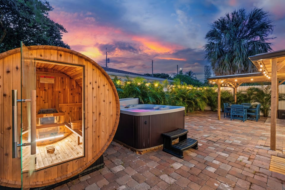Step into serenity—your private sauna glows with warmth as the day winds down