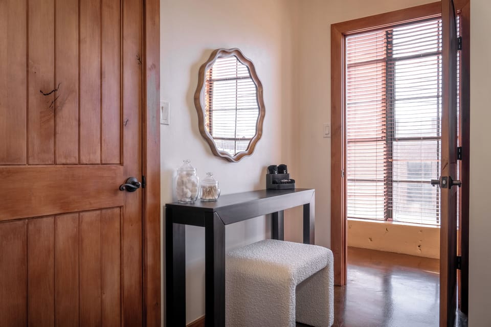 Makeup vanity with cushy bench seat