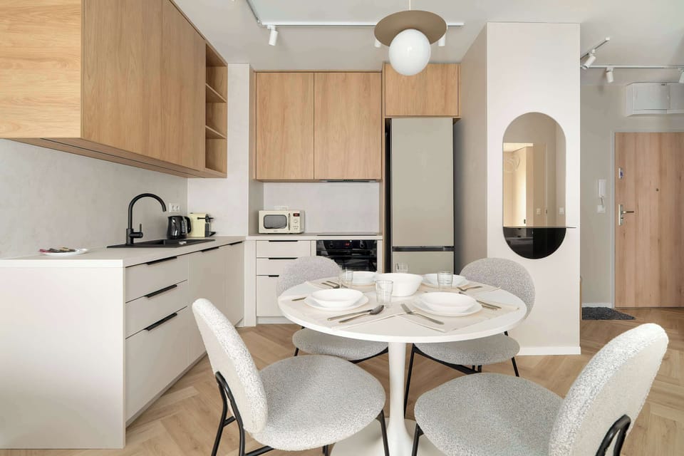 The kitchenette's practical layout maximizes space and functionality.