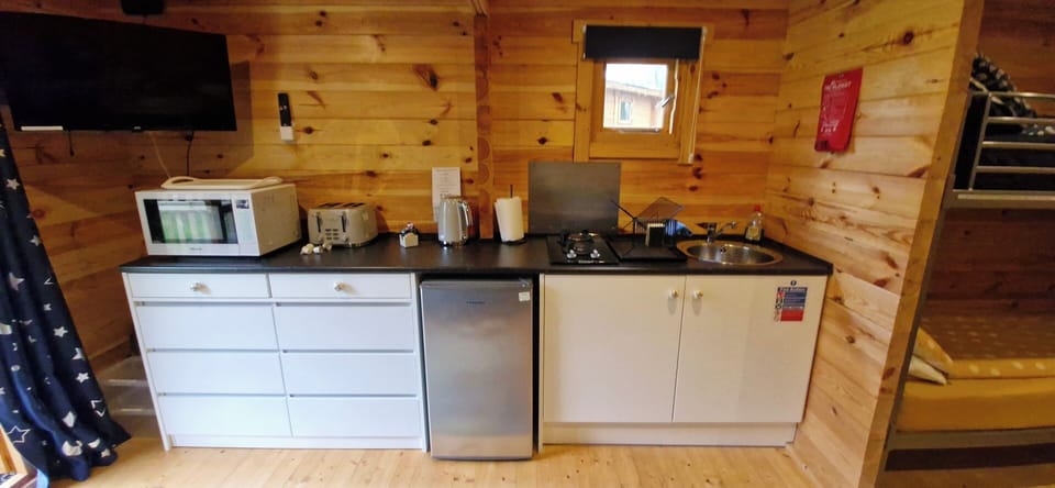 Fridge, microwave, stovetop, electric kettle